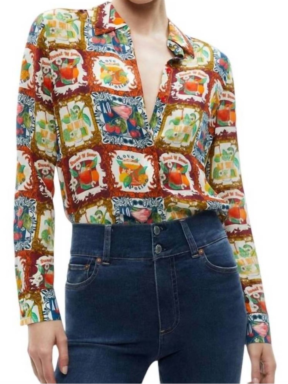 New Alice + Olivia Willa Summer Day Shirt Blouse Fruit Drinks Cocktails Tea L